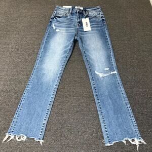 Mica Slim Crop Jeans Womens 26 Blue Denim High Rise Stretch Distressed Raw Hem